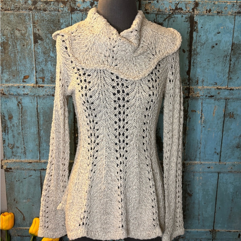 Anthropologie Cowl Neck Turtleneck Sweater Oatmeal Ivory Pointelle Scalloped XS